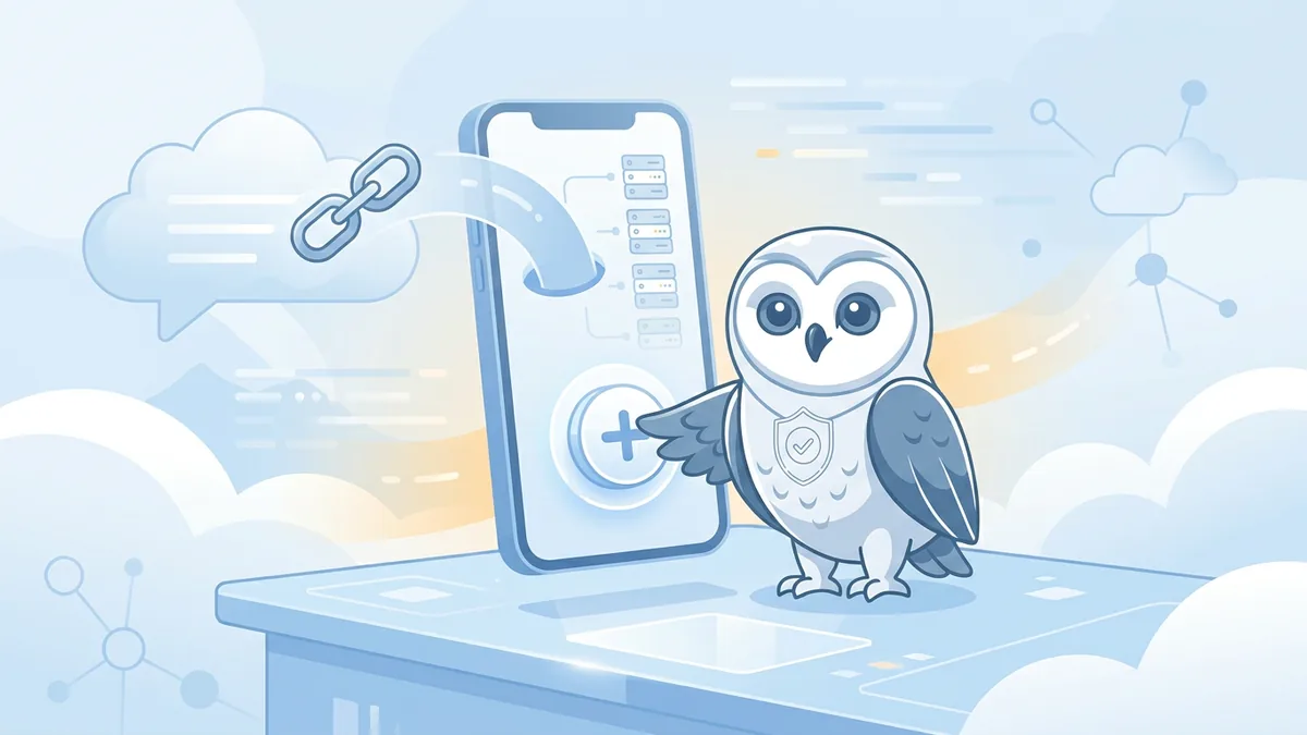Сова Proxy MTProto · VPN нажимает «плюс» на экране телефона — ссылка-подписка из чата уходит в клиент